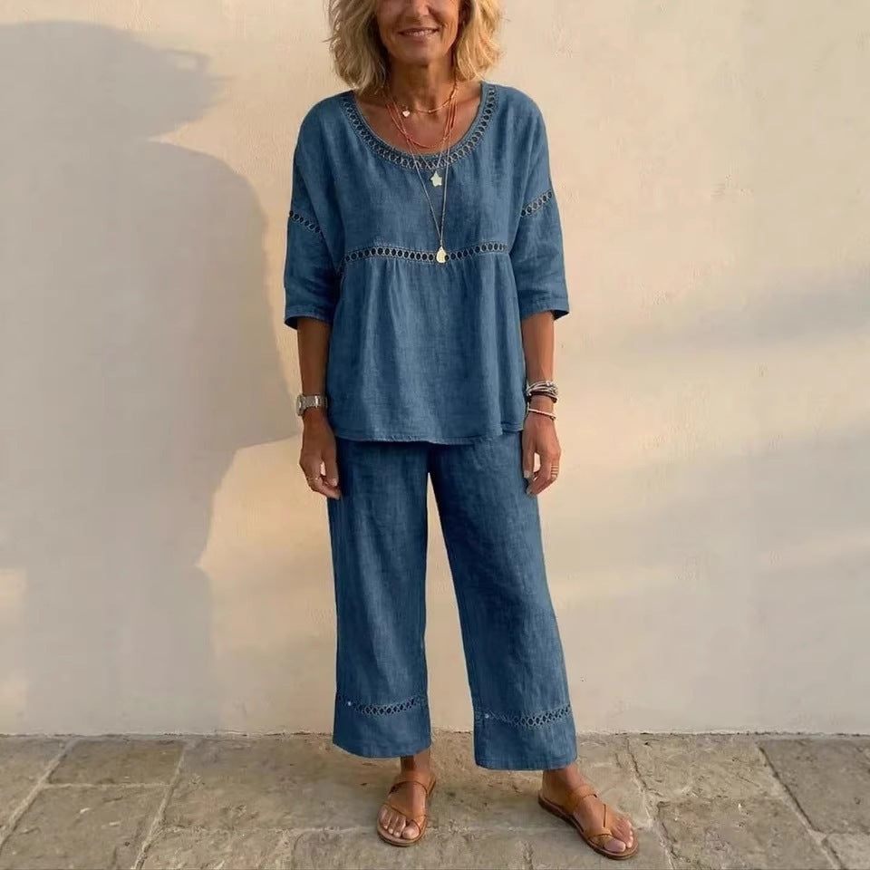 Kvinders komplette loungewear sæt lavet af linned med luftig pasform og blonde detaljer Skovae