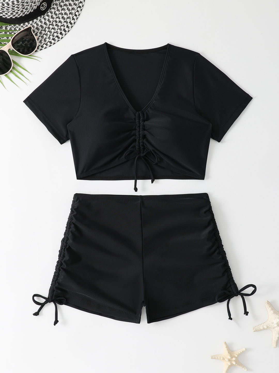 Dame Sporty Bade-Outfit med fashionable knudeåbning og afslappede shorts Stilla
