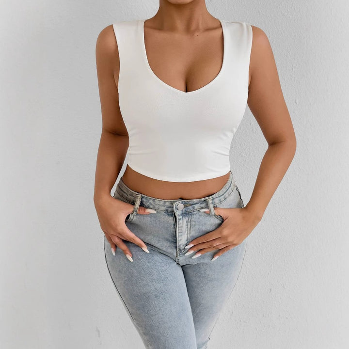 Dame Crop-top med V-udskæring og elegante sideslids Skovae