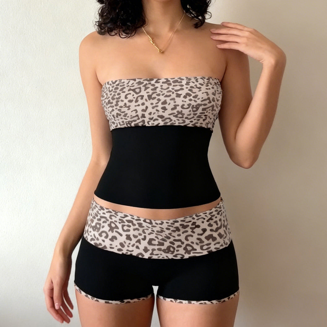 Dame Sporty Crop-Top og Shorts-Sæt i moderne Leopardmønster Skovae