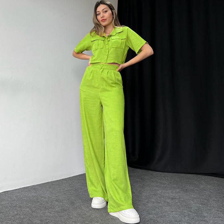 Dame Mode To-delt Sæt med cropped Bluse og vide Bukser Stilla