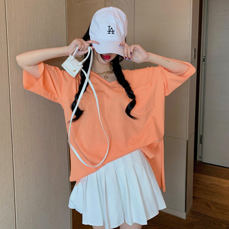 Dame Oversized V-Hals Top med Lomme-detaljer Stilla
