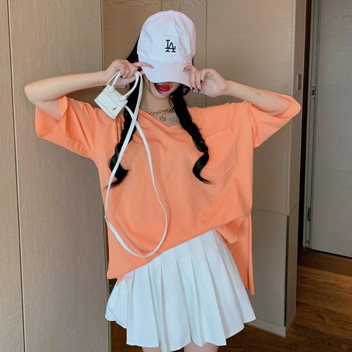 Dame Oversized V-Hals Top med Lomme-detaljer Stilla