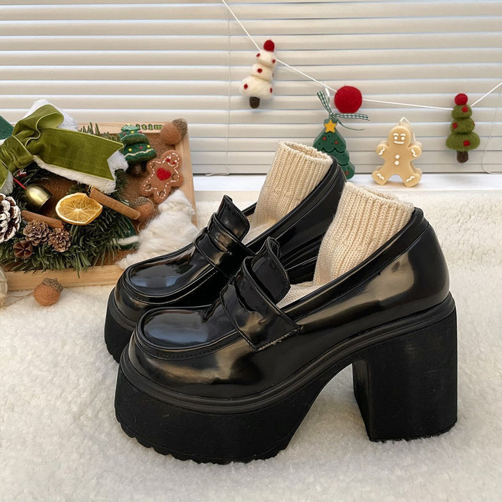 Dame Chunky Loafers med høj platform-blokhæl og dekorative remme Stilla