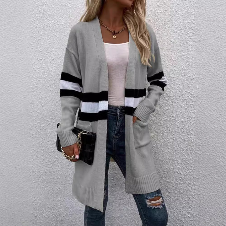 Kvinders chunky strikket cardigan med afslappede striber og dybe lommer Stilla