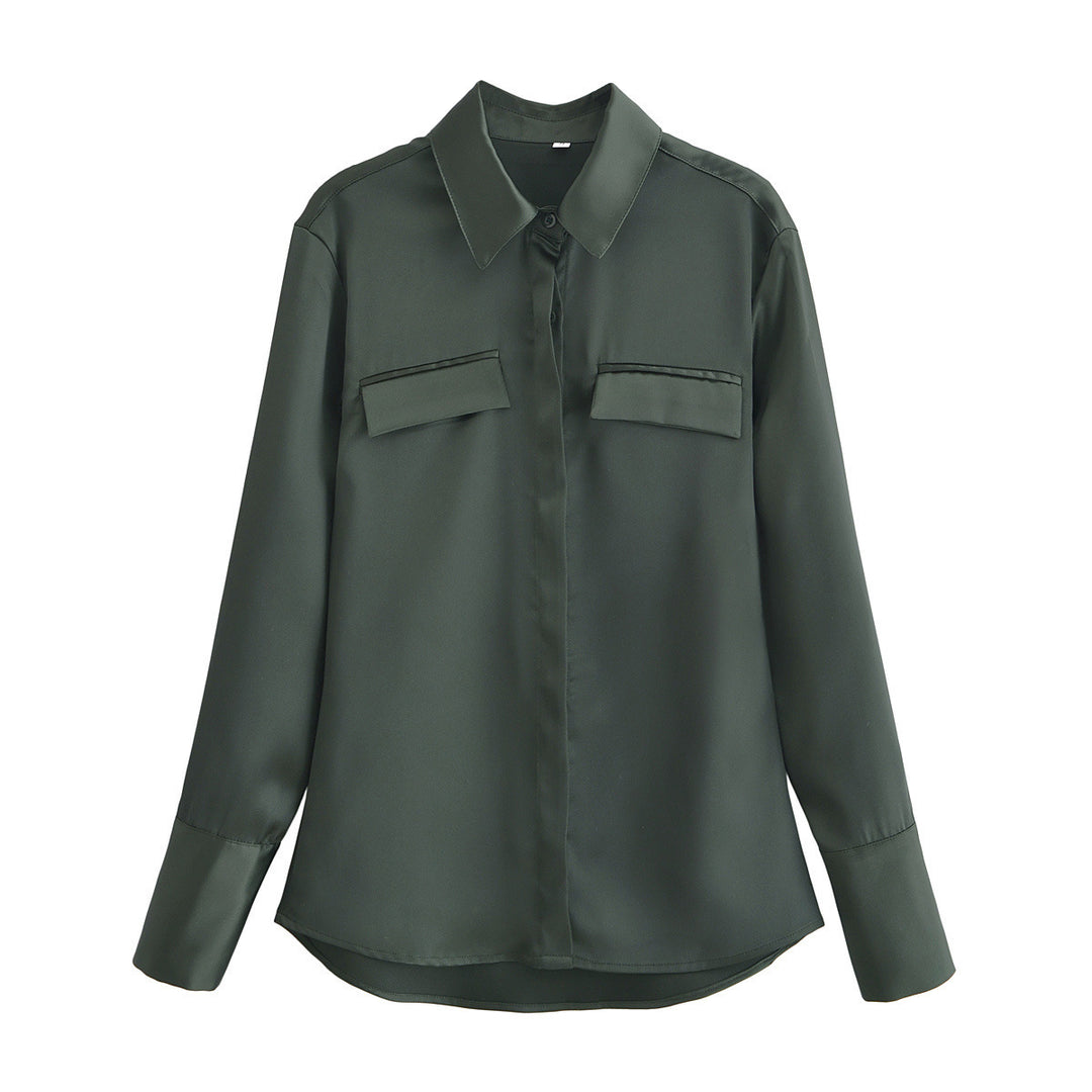 Dame Langærmet Satin Button-Up Skjorte med Lommer-Detalje Stilla