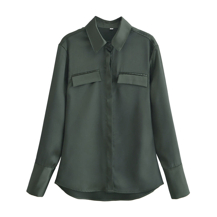 Dame Langærmet Satin Button-Up Skjorte med Lommer-Detalje Stilla