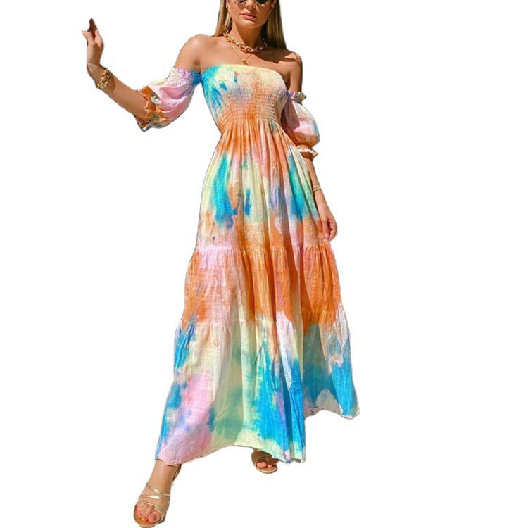 Dame Maxikjole med off-shoulder design og livlig farveovergang Stilla