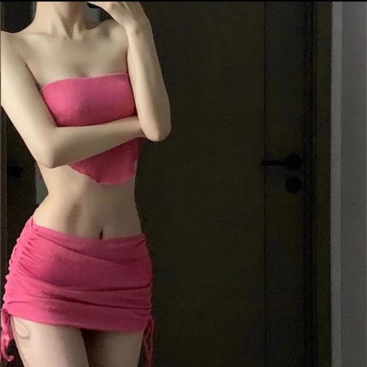 Dame Strapless Crop Top og rynket Mini Skirt Sæt Stilla