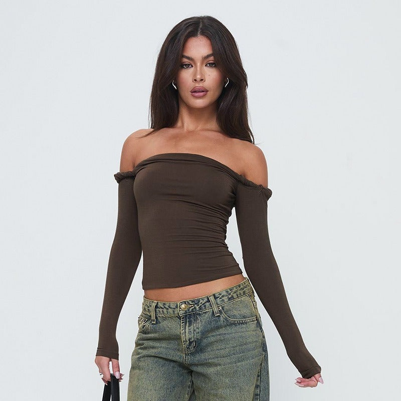 Dame Offshoulder Langærmet skjorte med elegante draperinger Skovae