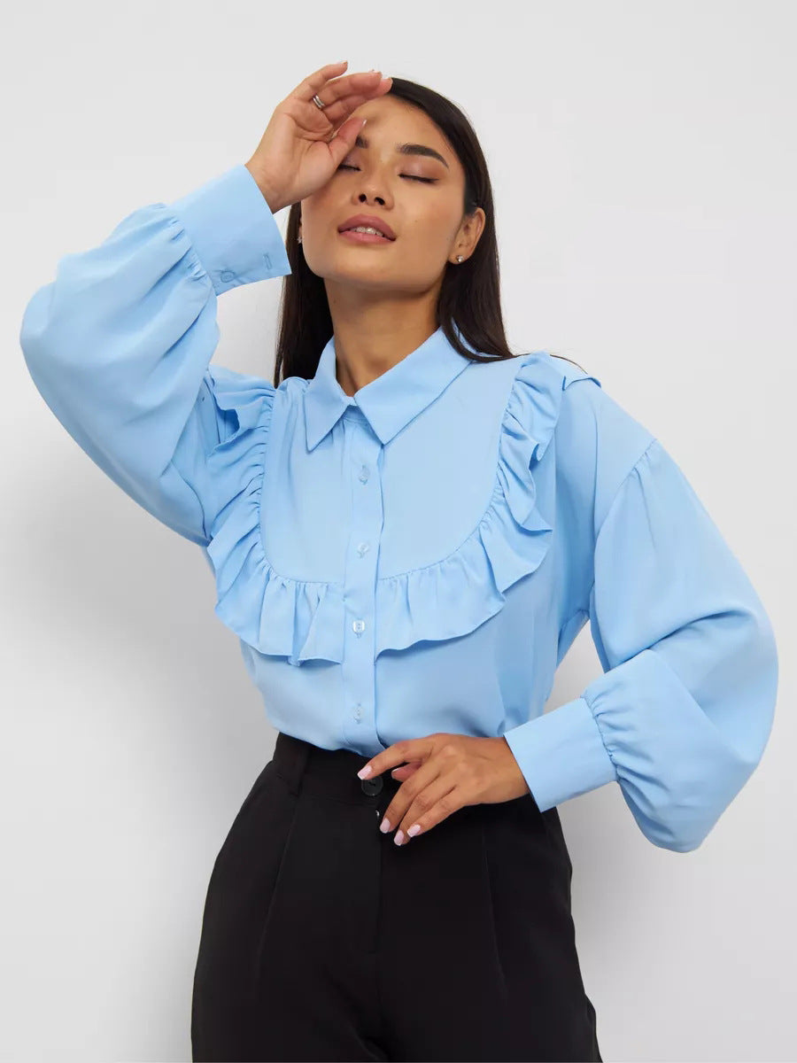 Dame elegant bluse skjorte med flæser og blød bomuldsstof Stilla