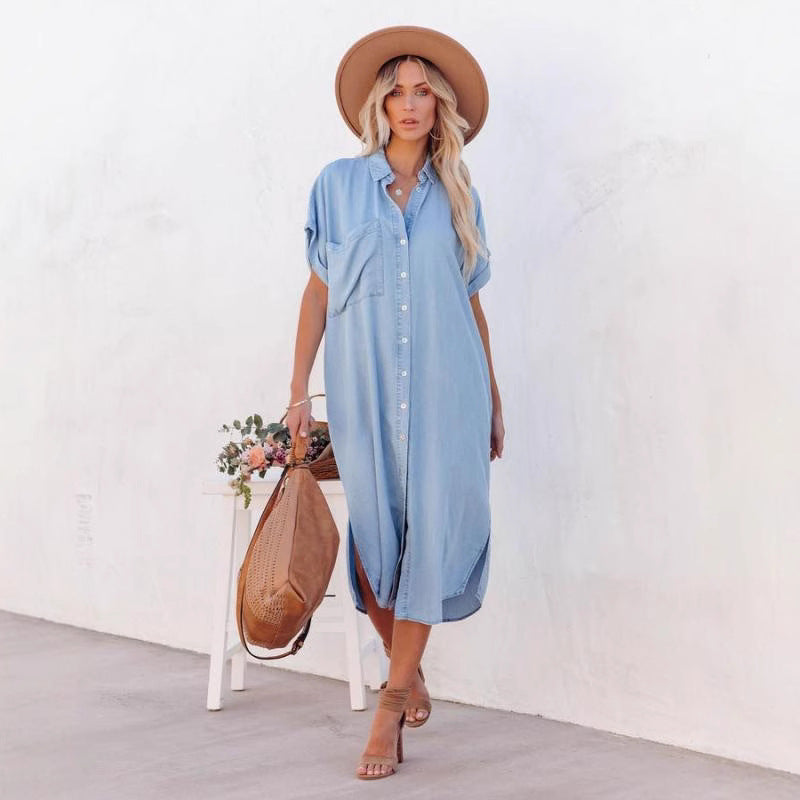 Dame skjortekjole i denim med to lommer Stilla