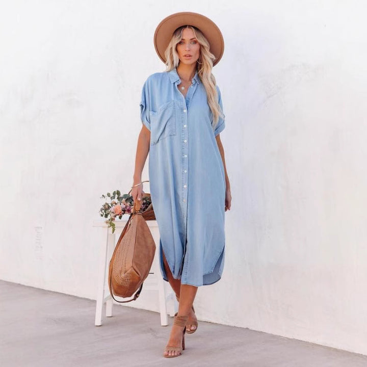 Dame skjortekjole i denim med to lommer Stilla