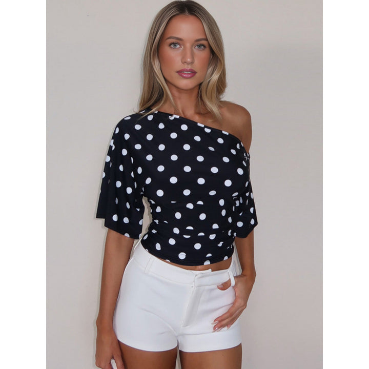 Damen Off-Shoulder Oberteil mit Punkten und voluminösen Ärmeln Skovae