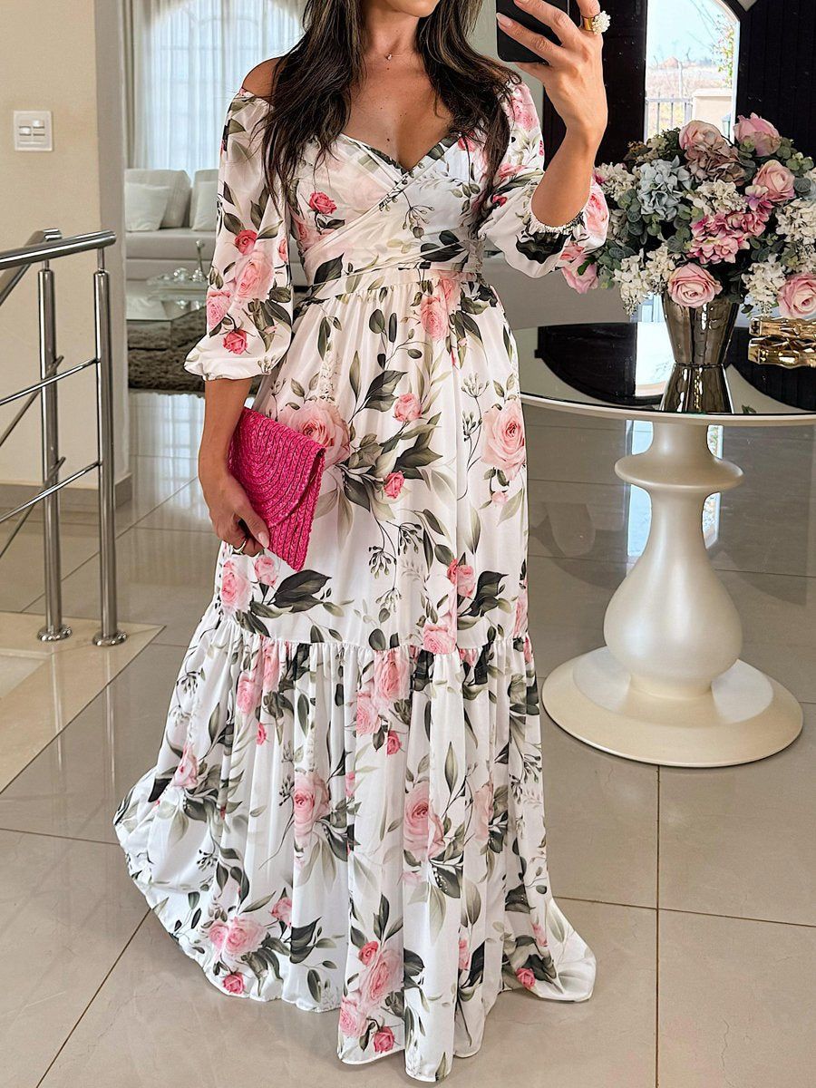 Kvinders blomster maxi kjole med off-shoulder design og flæse kant Stilla