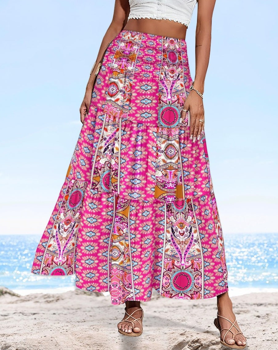 Dame maxilangt skirt med blomster mønstre og elastisk talje Stilla