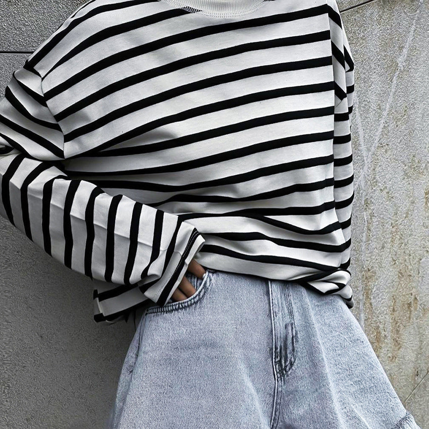 Dame Løs Oversized Sweater med Stribet Mønster og Lange Ærmer Stilla