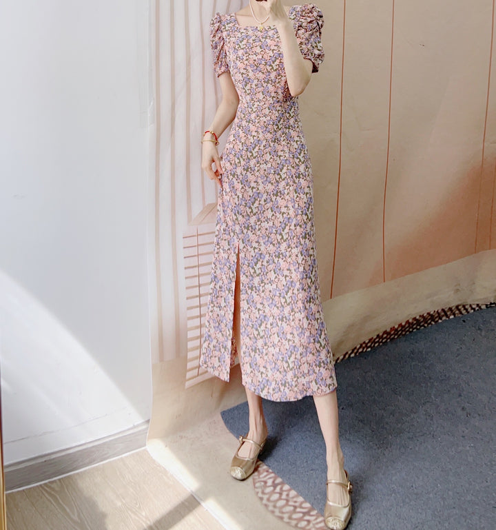 Dame Maxikjole med blomsterdesign og elegante puffærmer Stilla