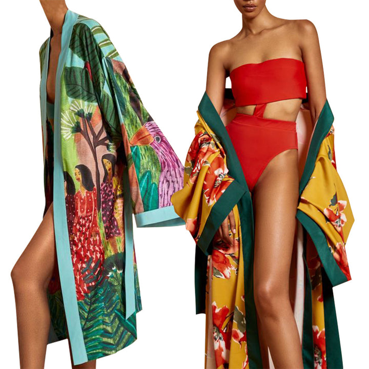 Dame bikini-sæt med blomster strandkimono Stilla