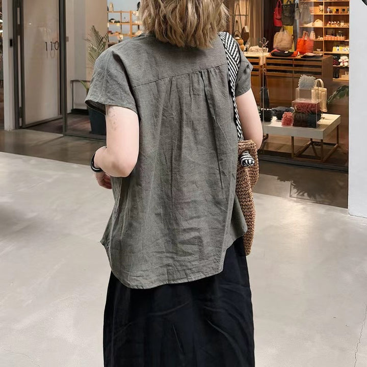 Femme Relaxed Fit Korte Ærmer Button-Up Linned Top Stilla
