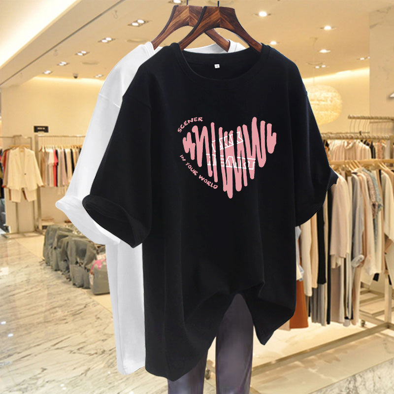 Dame Oversized T-shirt med kreativt hjerte motiv og moderne skrift Stilla