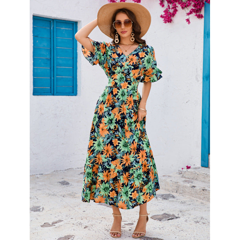 Dame Floral Print Maxi Kjole med korte ærmer Stilla