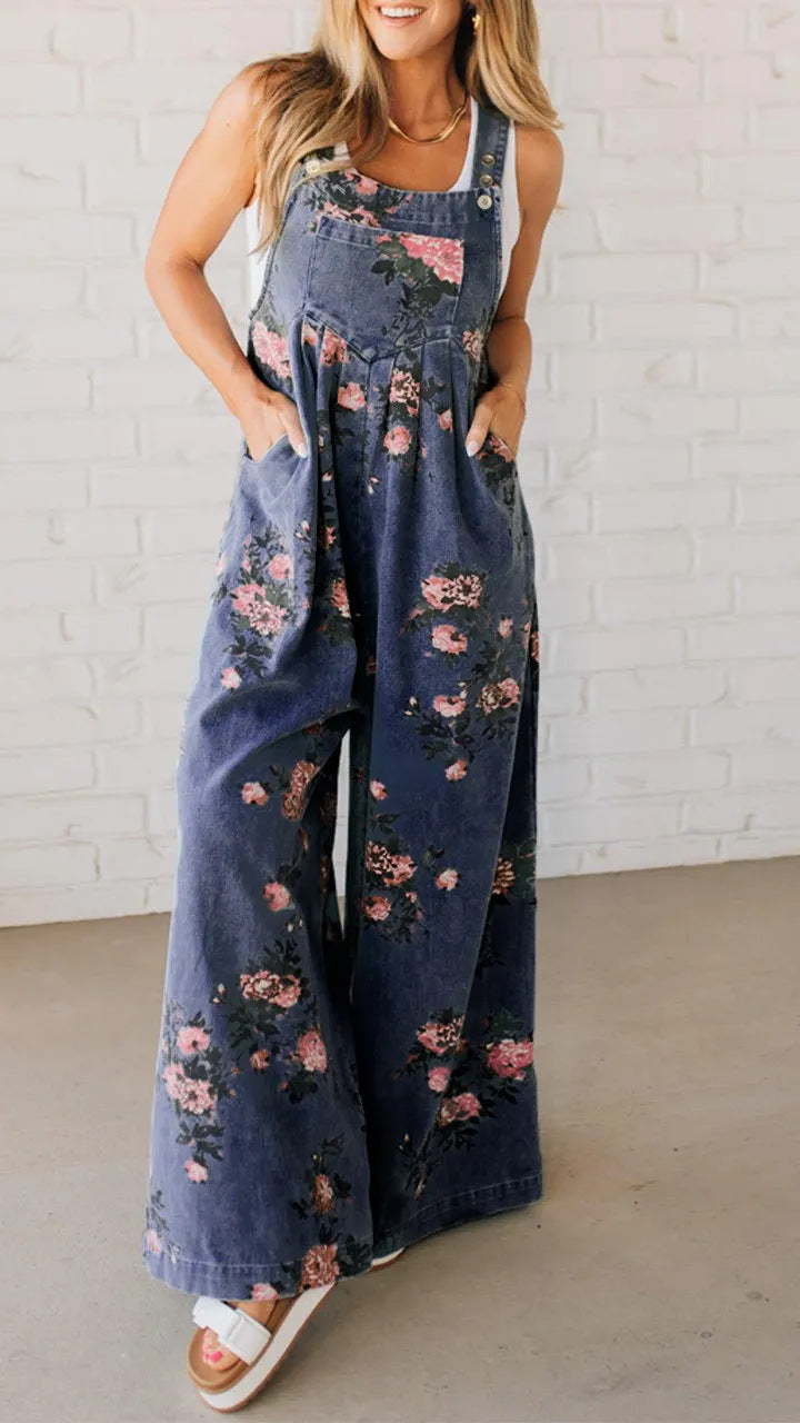 Dame bomulds-overall med blomstret print og brede ben Stilla