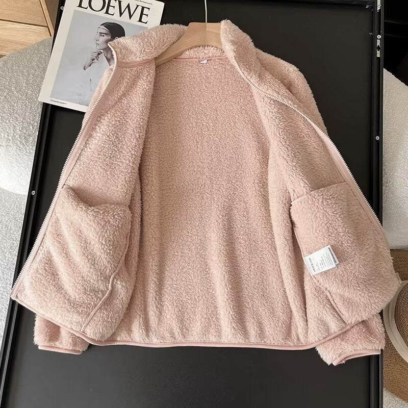 Kvinder Fluffy Fleece Jakke med Høj Krave og Lynlås Stilla