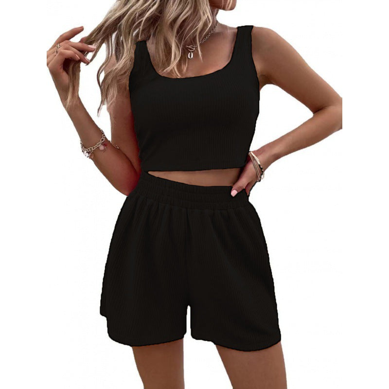 Dame Ribstrik Crop Top og Shorts Sæt Stilla