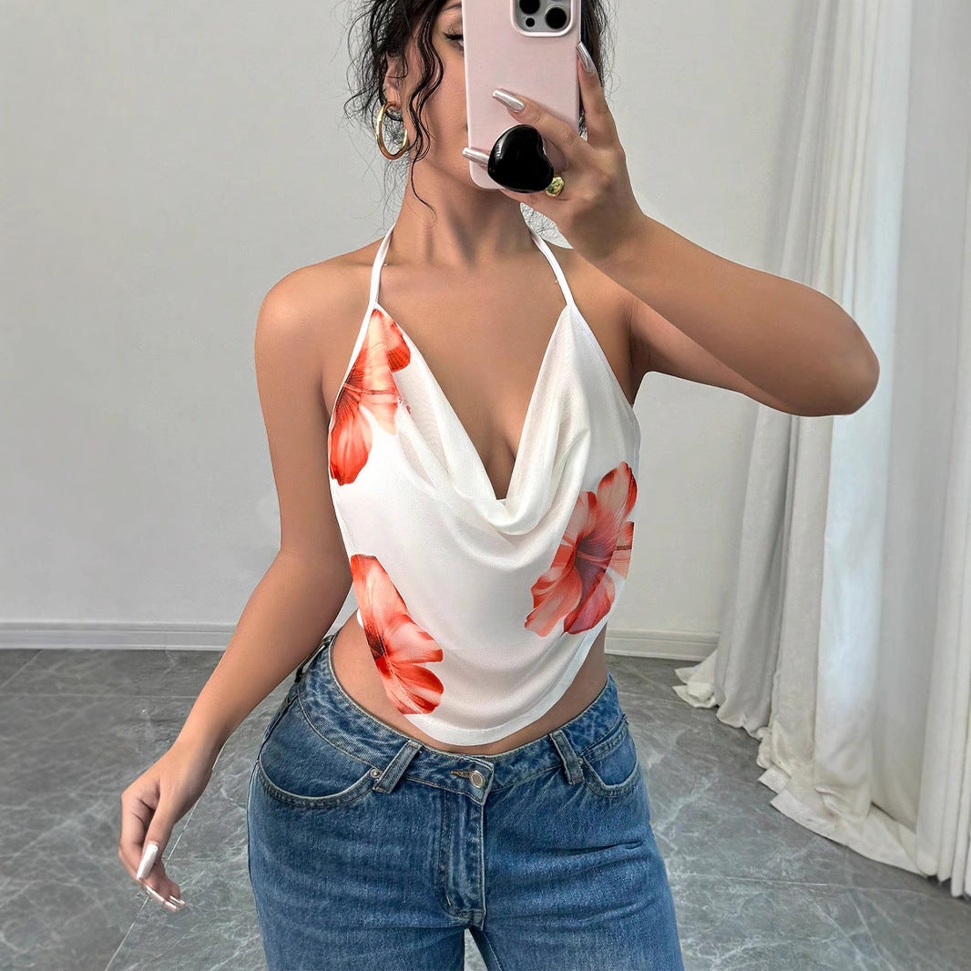 Dame bluse top med dyb V-udskæring og blomsterdesign Skovae