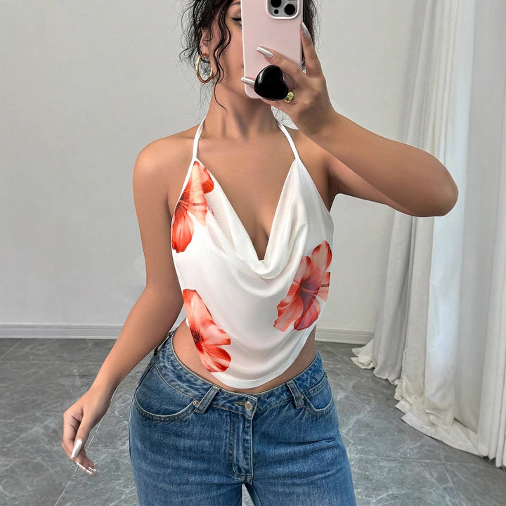 Dame bluse top med dyb V-udskæring og blomsterdesign Skovae