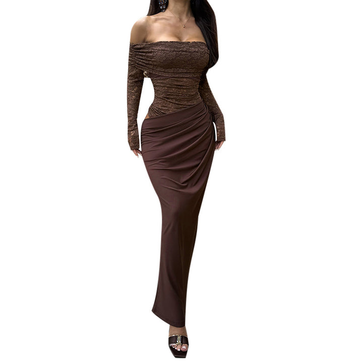 Dame Elegant Off-Shoulder Kjole med Spidseloberdel Skovae