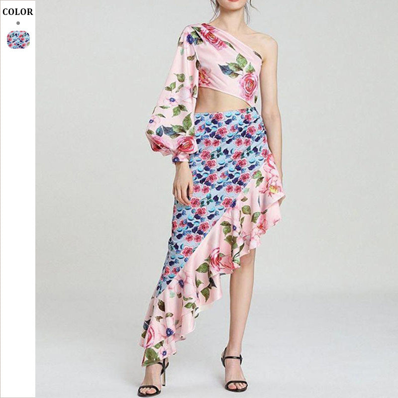 Dame En-sidet, blomster Maxi-kjole med flæser og uden skulderdesign Stilla