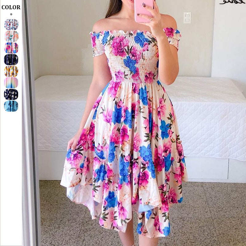 Dame Off-Shoulder Sommerkjole med legende sommerfuglemønster og flæse detaljer Stilla