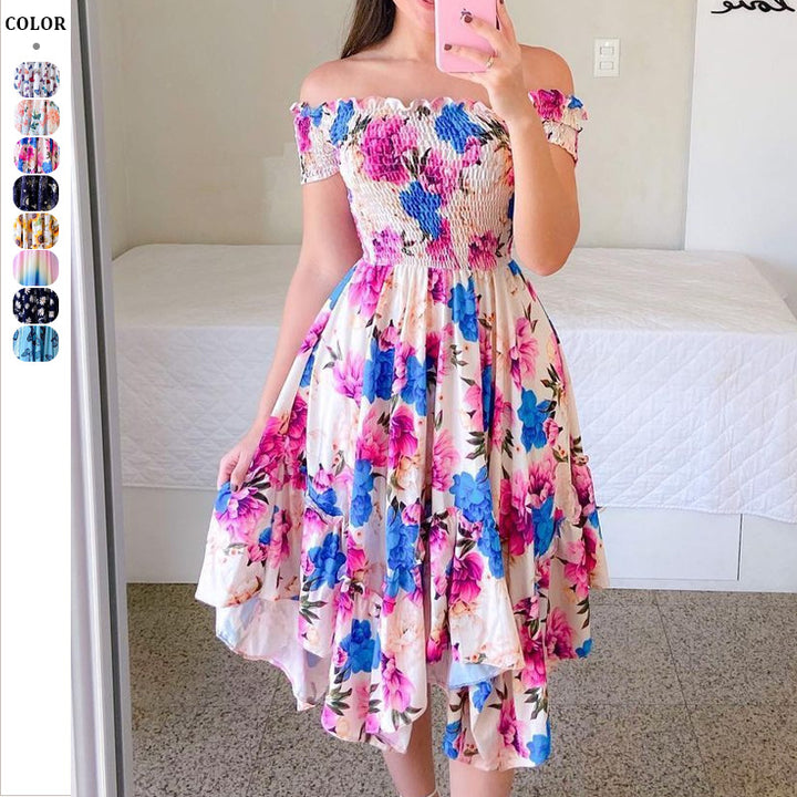 Dame Off-Shoulder Sommerkjole med legende sommerfuglemønster og flæse detaljer Stilla