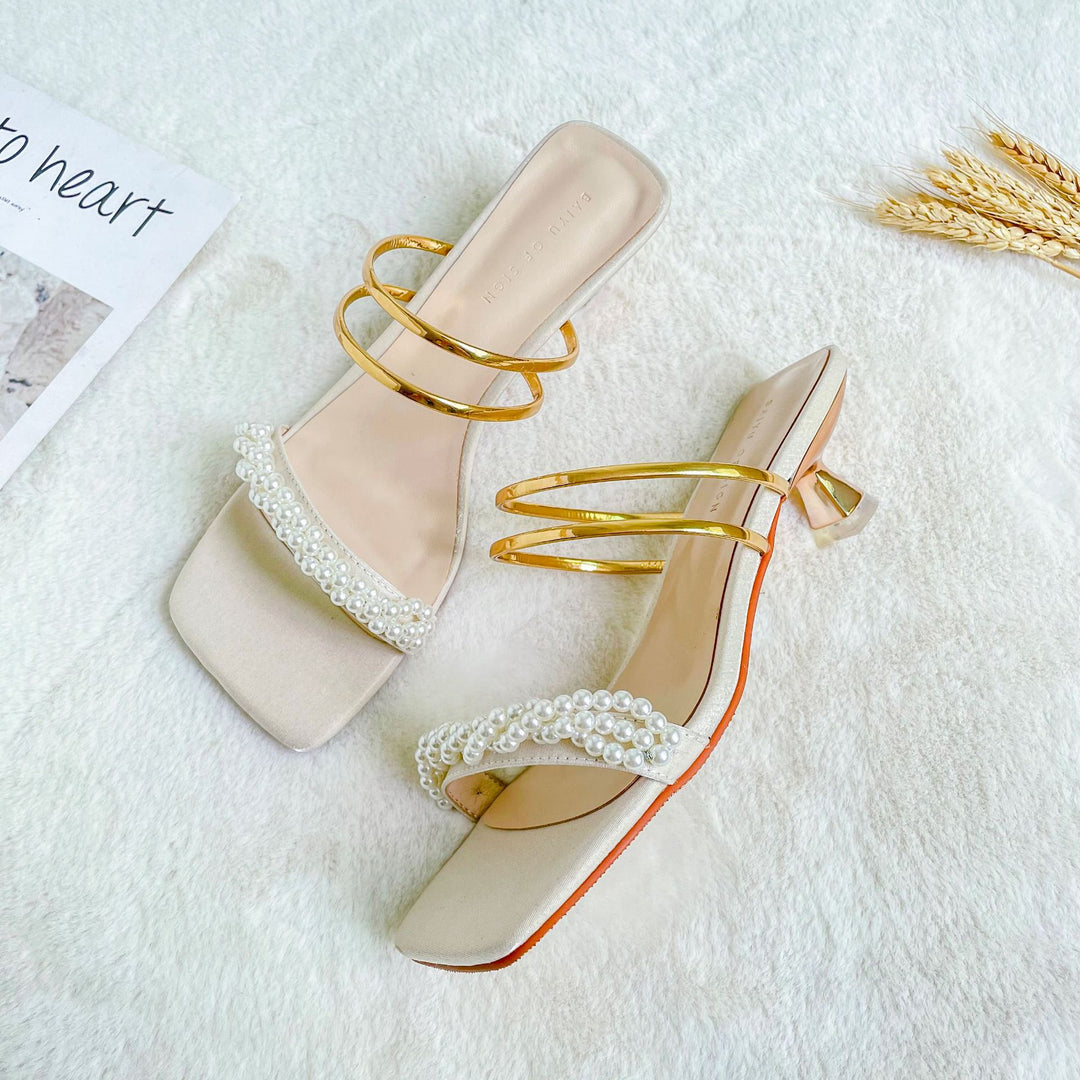 Femme Elegante Perleprydede Slide Sandaler med Blokhæle Stilla