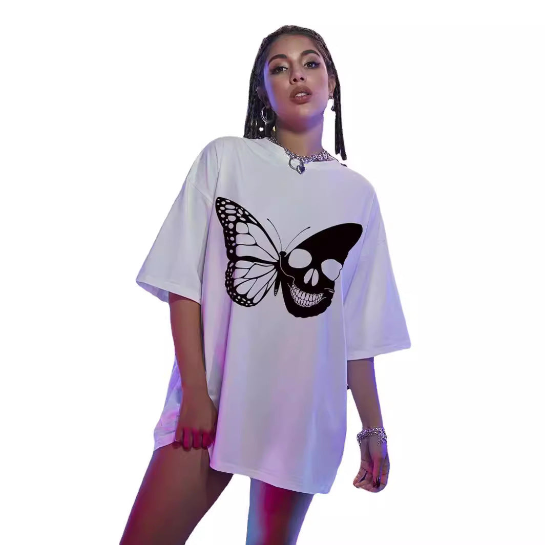Dame T-Shirt med kreativ sommerfuglskelet-design Stilla