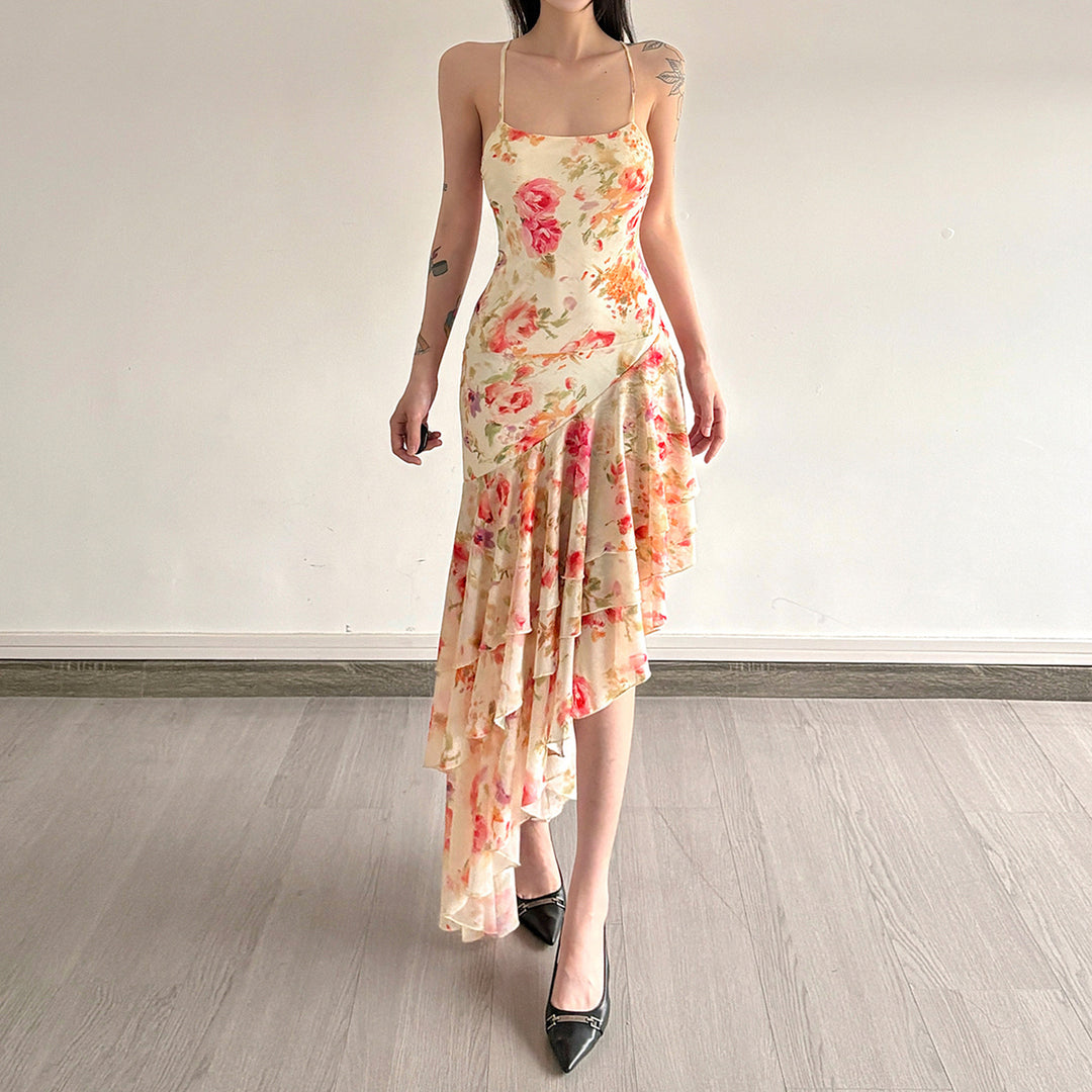 Dame floral maxikjole med ruffles detaljer Skovae