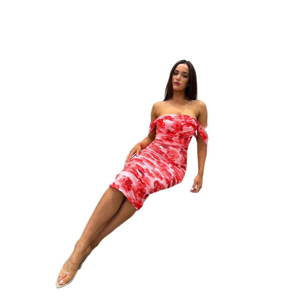 Kvinders Body-Con Midi Kjole med Off-Shoulder Design og Blomsterprint