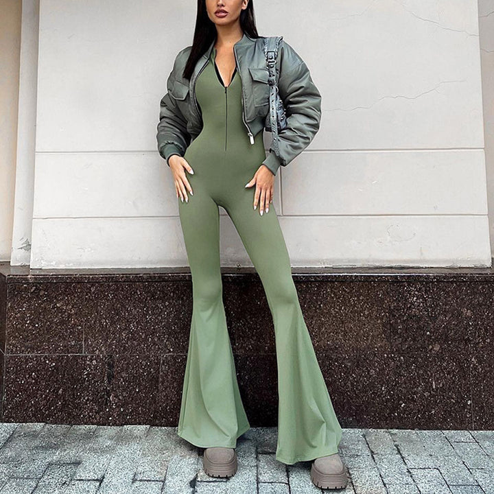 Dame gulvlang jumpsuit med lange ærmer og gennemgående lynlås Stilla