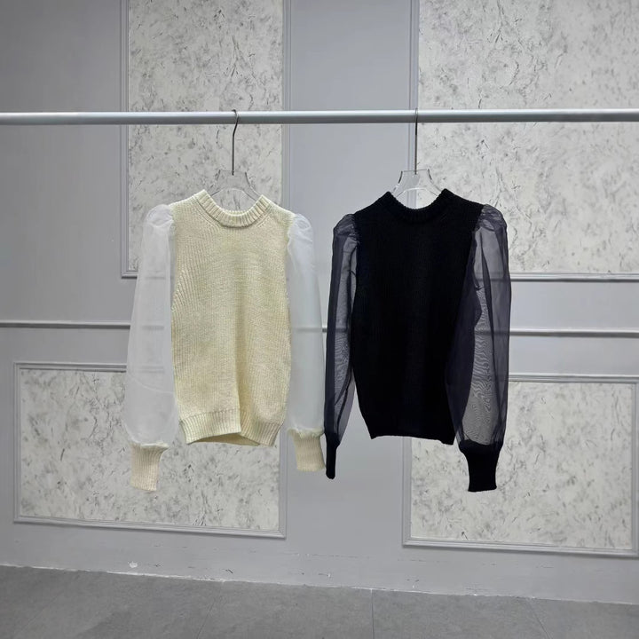Dame strikpullover med transparente ærmer Stilla