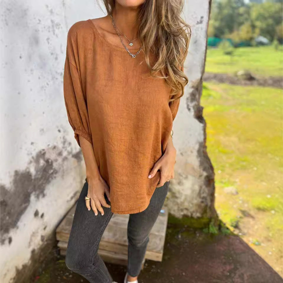Dame Casual Linned blouse med brede ærmer og rund halsudskæring Stilla