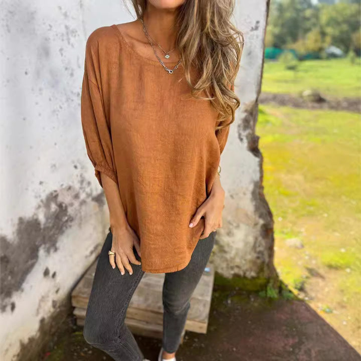 Dame Casual Linned blouse med brede ærmer og rund halsudskæring Stilla
