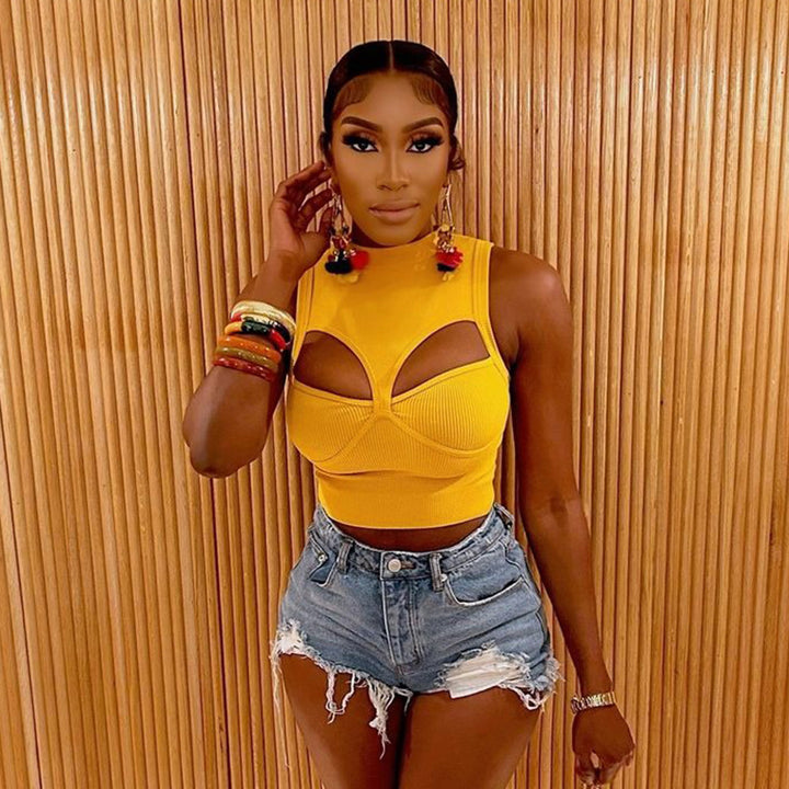 Dame Cut-Out Ribbet Skjorte Bodycon Kjole Stilla