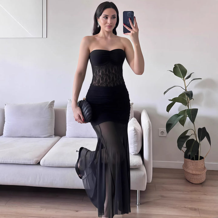 Dame Elegant gulvlangt kjole med spidsdetaljer Skovae