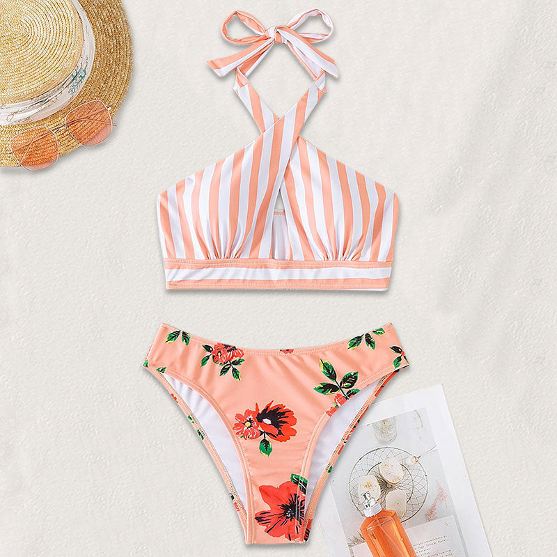 Dame højtaljet bikini-sæt med asymmetrisk top Skovae