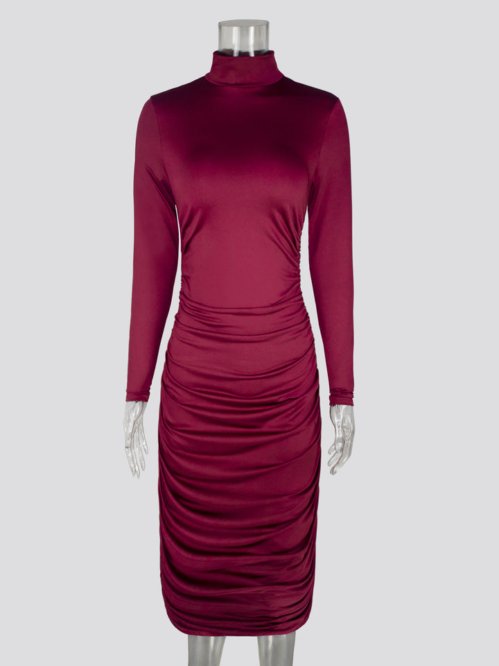 Dame Elegant Bodycon Kjole med høj ståkrave og rynker Stilla