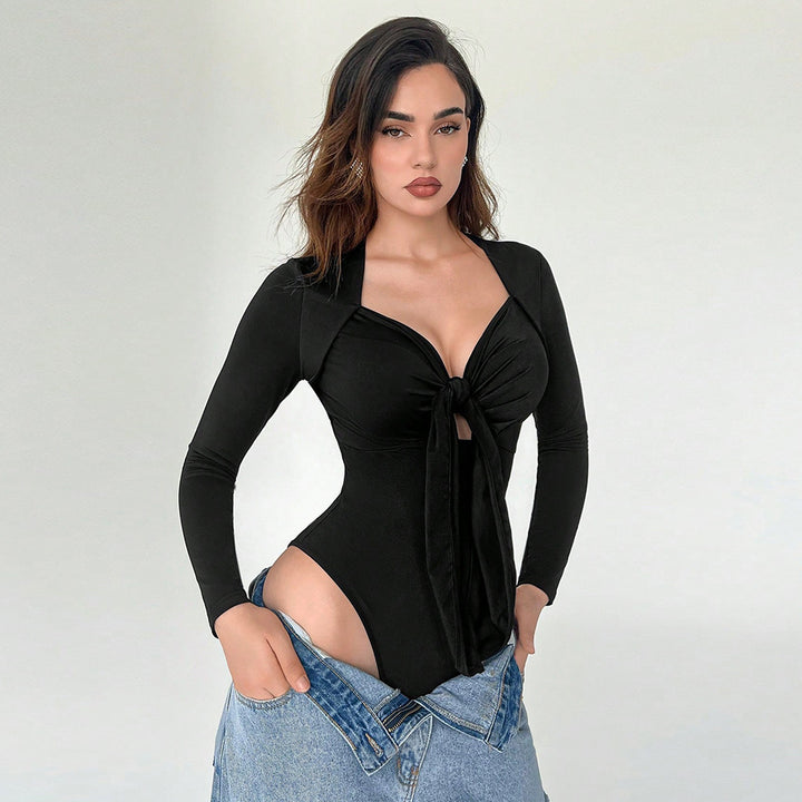 Dame Elegant Bodysuit med Knytte Detalje og Dybt V Hals Stilla