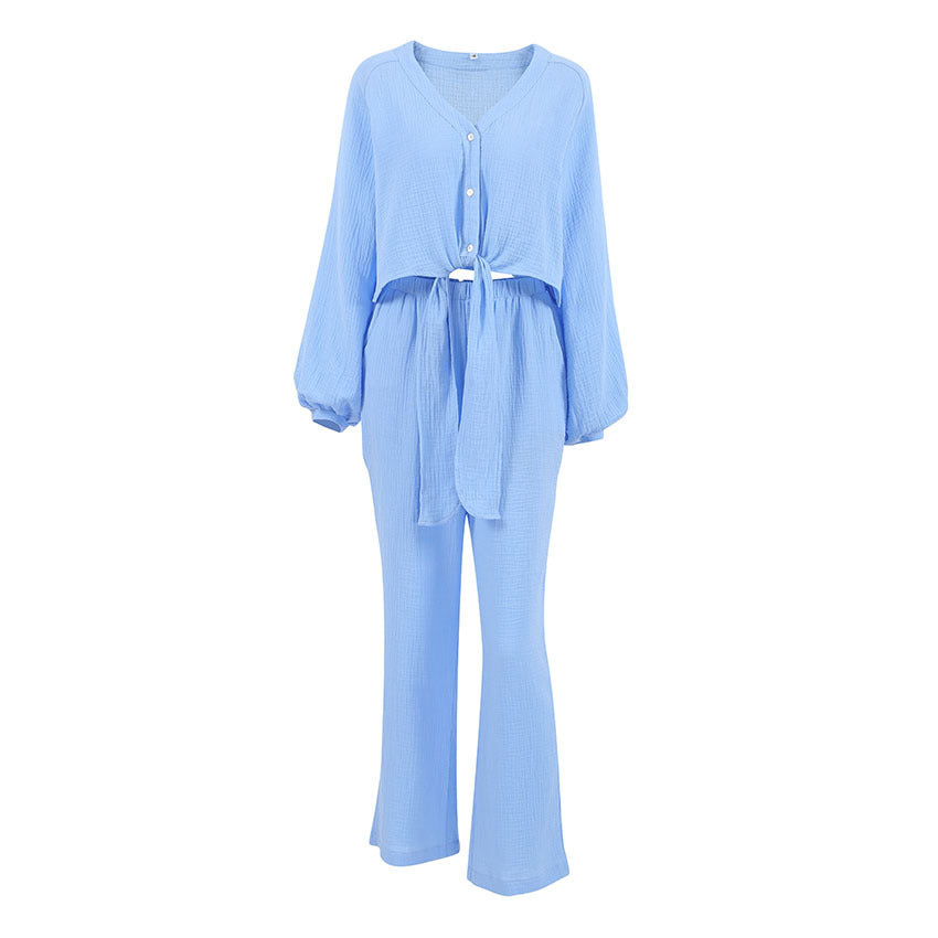 Dame afslappet cropped blusesæt med taljerbar knude Stilla