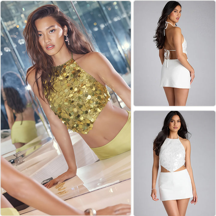 Dame glitrende halterneck top med glitrende pailletter og elegant snit